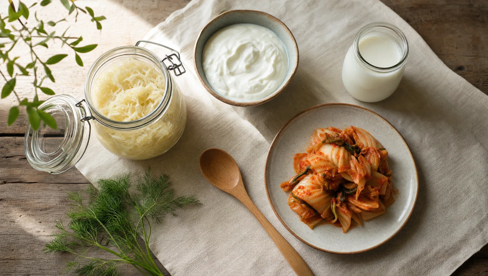Gefermenteerde voeding voor het microbioom: sauerkraut, Griekse yoghurt, kefir en kimchi op een houten tafel met cream linnen