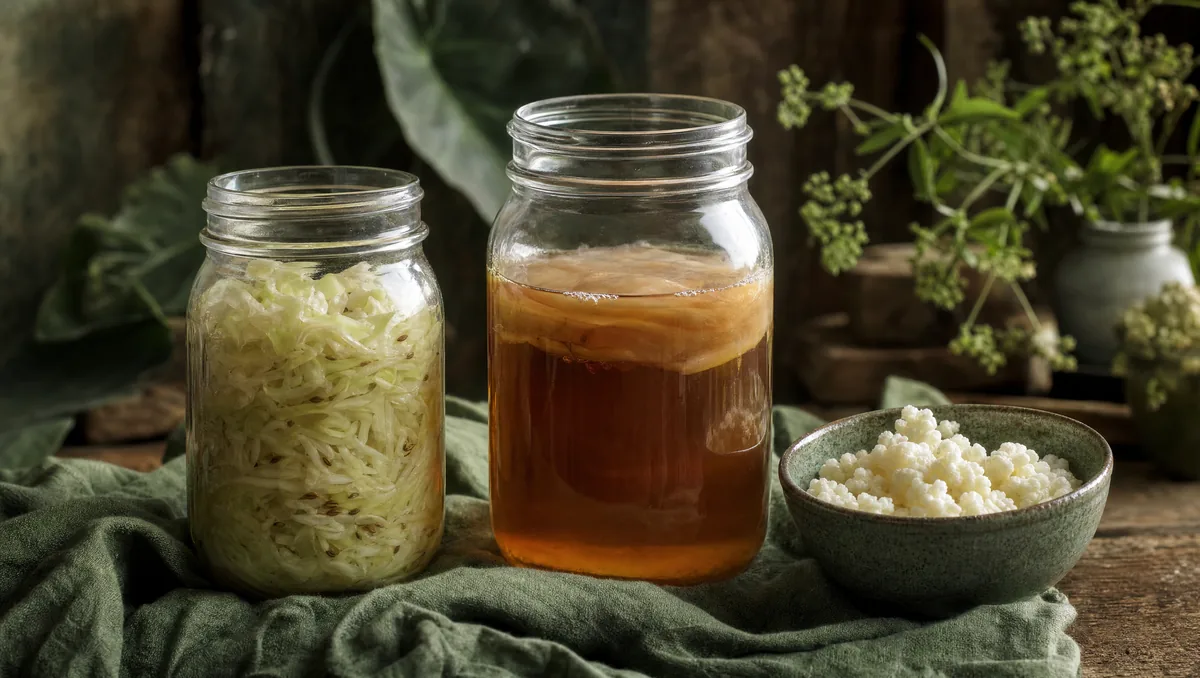 Drie stadia van fermentatie: sauerkraut, kombucha-SCOBY en kefir-grains in glazen potten